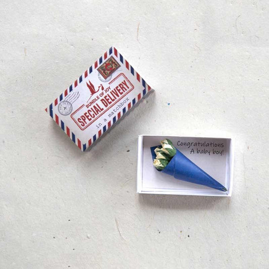 Special Delivery Baby Boy in a Matchbox - Postboxed